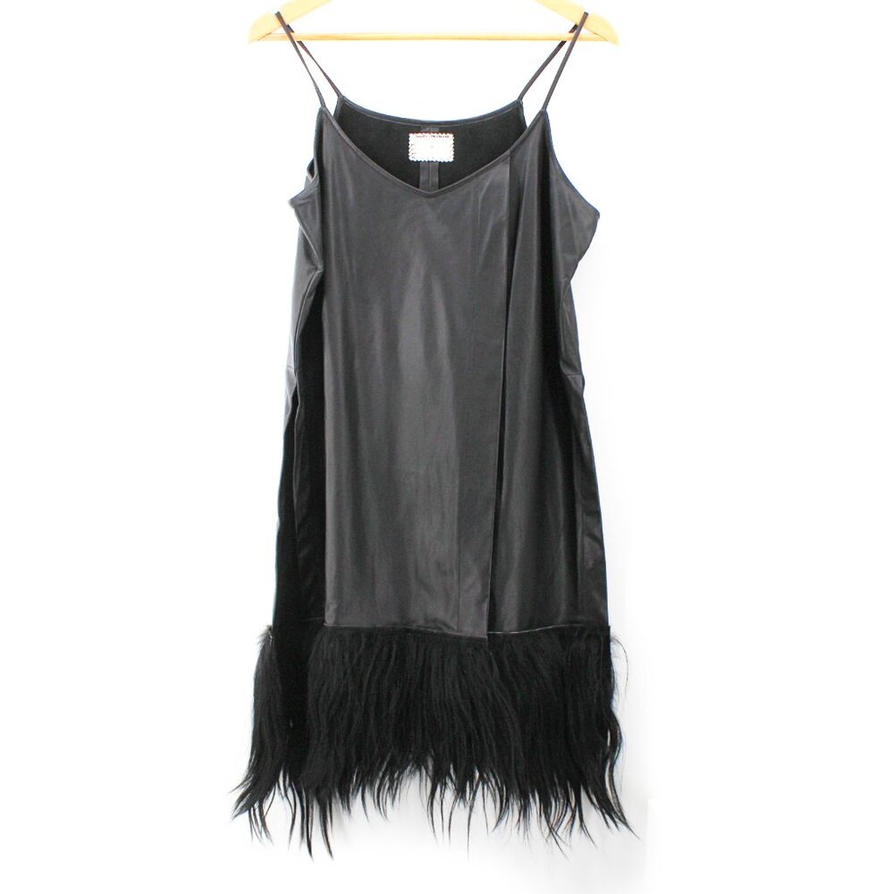 Gary Graham Black Leather Fur Side Slit Tunic Dress Sleeveless Avant Garde SZ 10 - Picture 4 of 16